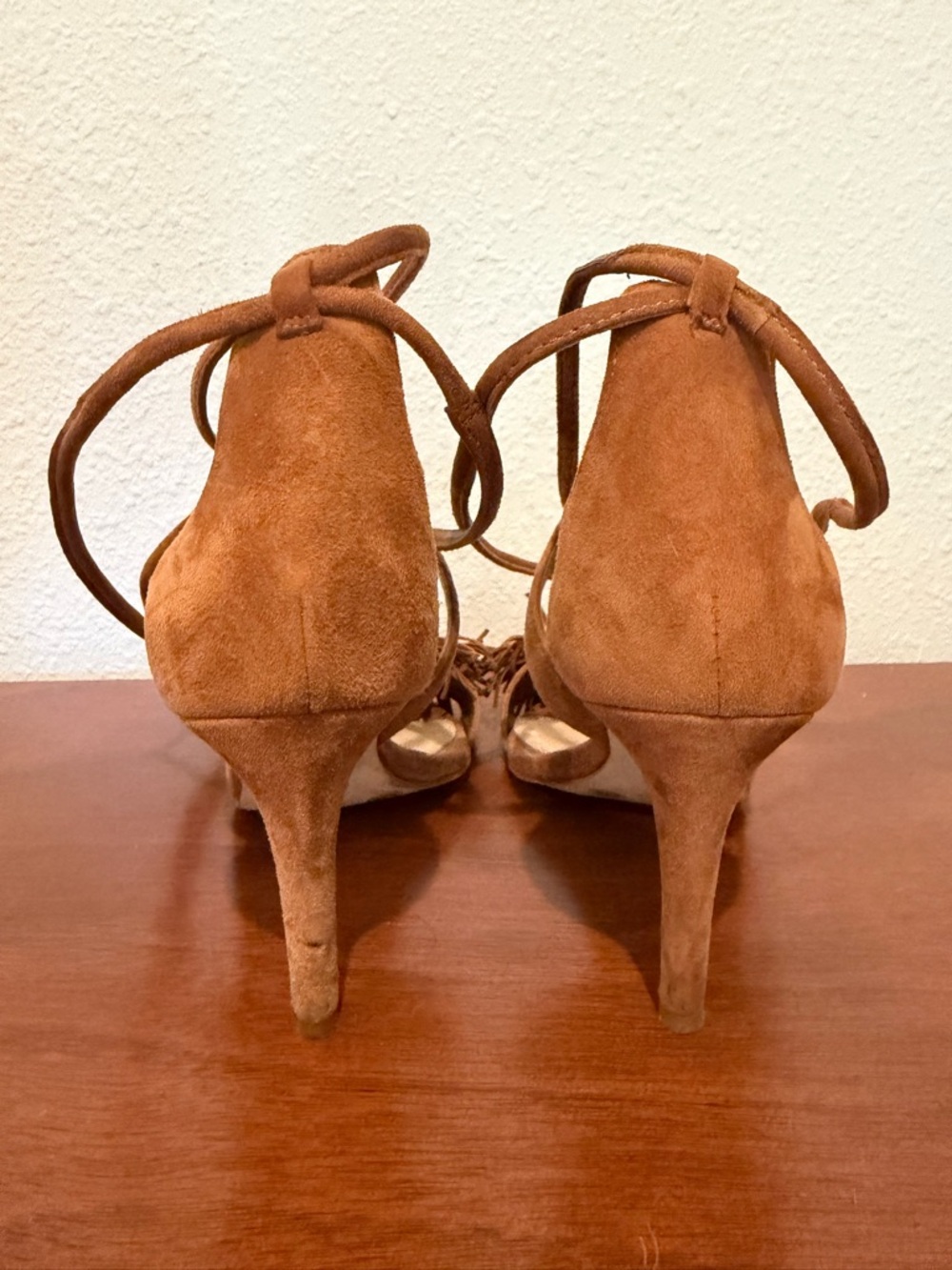 Gianni Bini Tan Suede Lace-Up Pom Pom Heels - Picture 5 of 5